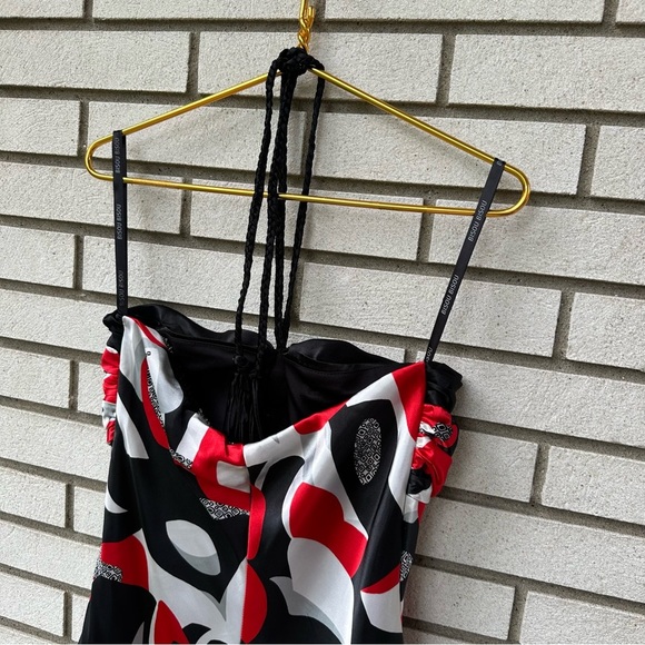 Bisou Bisou Y2K Red Black White Abstract Halter Dress Sz 12 Homecoming Hoco - Picture 4 of 10
